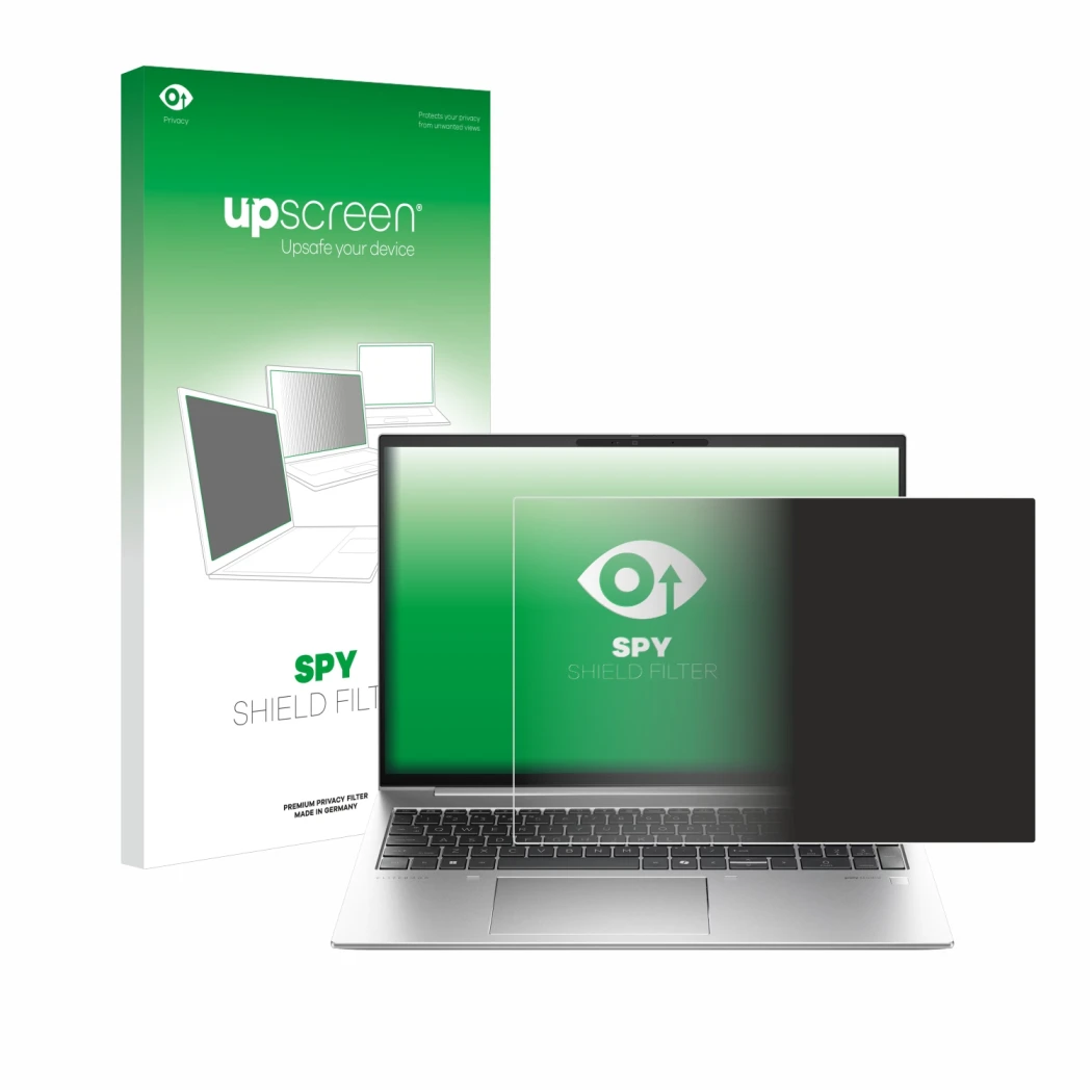 Parte frontal de un envase de producto con el logotipo de la marca upscreen. Al lado se muestra el dispositivo HP EliteBook 84