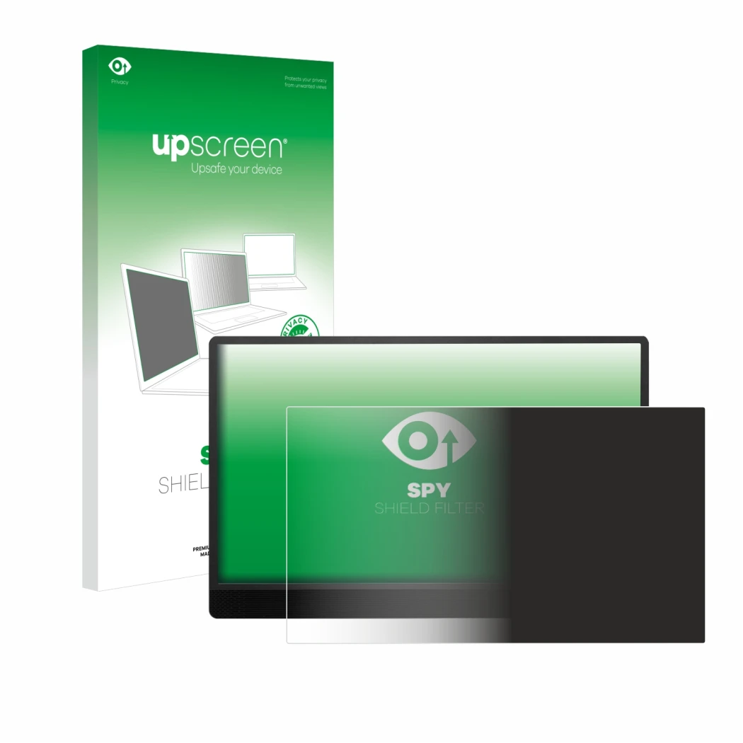 Parte frontal de un envase de producto con el logotipo de la marca upscreen. Al lado se muestra el dispositivo MSI Pro MP161 E