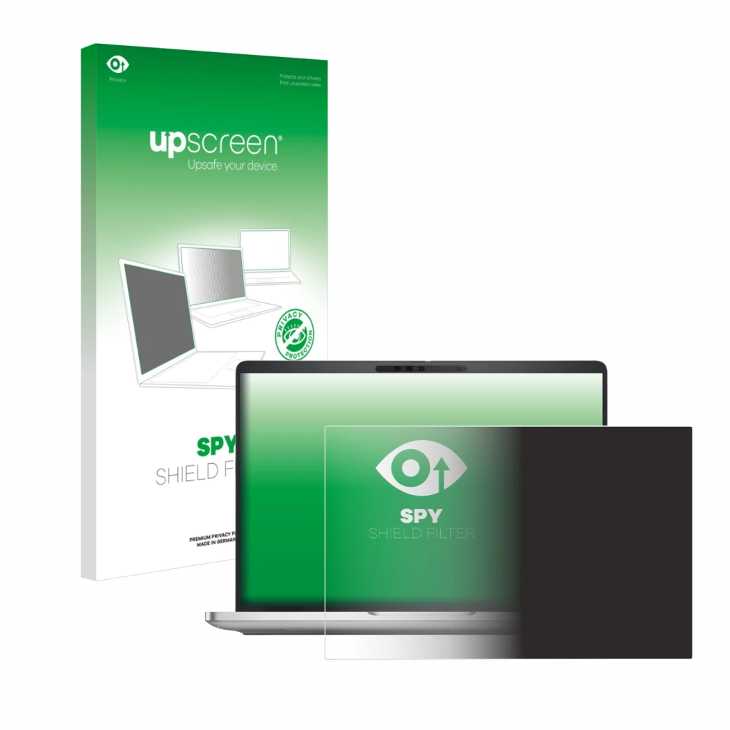 Parte frontal de un envase de producto con el logotipo de la marca upscreen. Al lado se muestra el dispositivo Dell Pro 13 Plu