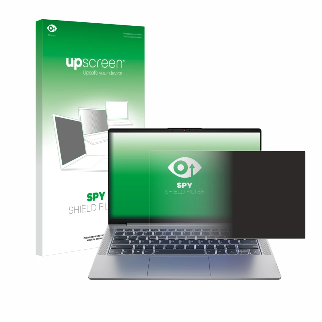 Parte frontal de un envase de producto con el logotipo de la marca upscreen. Al lado se muestra el dispositivo Lenovo IdeaPad