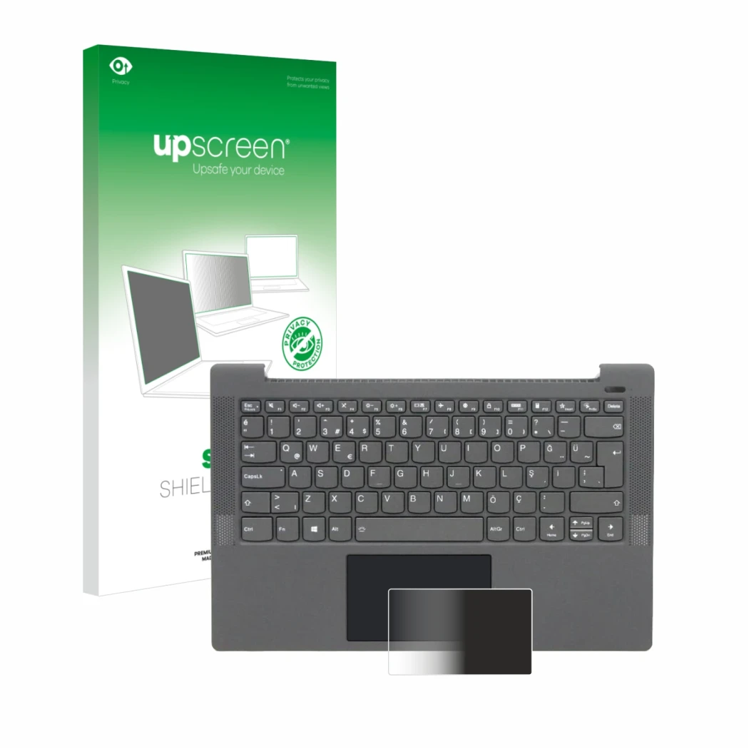 Parte frontal de un envase de producto con el logotipo de la marca upscreen. Al lado se muestra el dispositivo Lenovo IdeaPad 