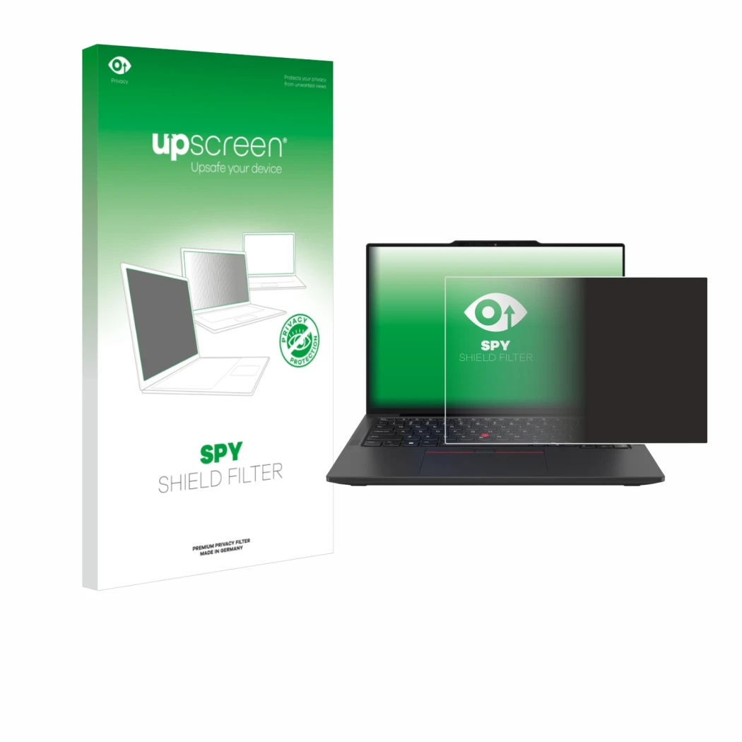Parte frontal de un envase de producto con el logotipo de la marca upscreen. Al lado se muestra el dispositivo Lenovo ThinkPad