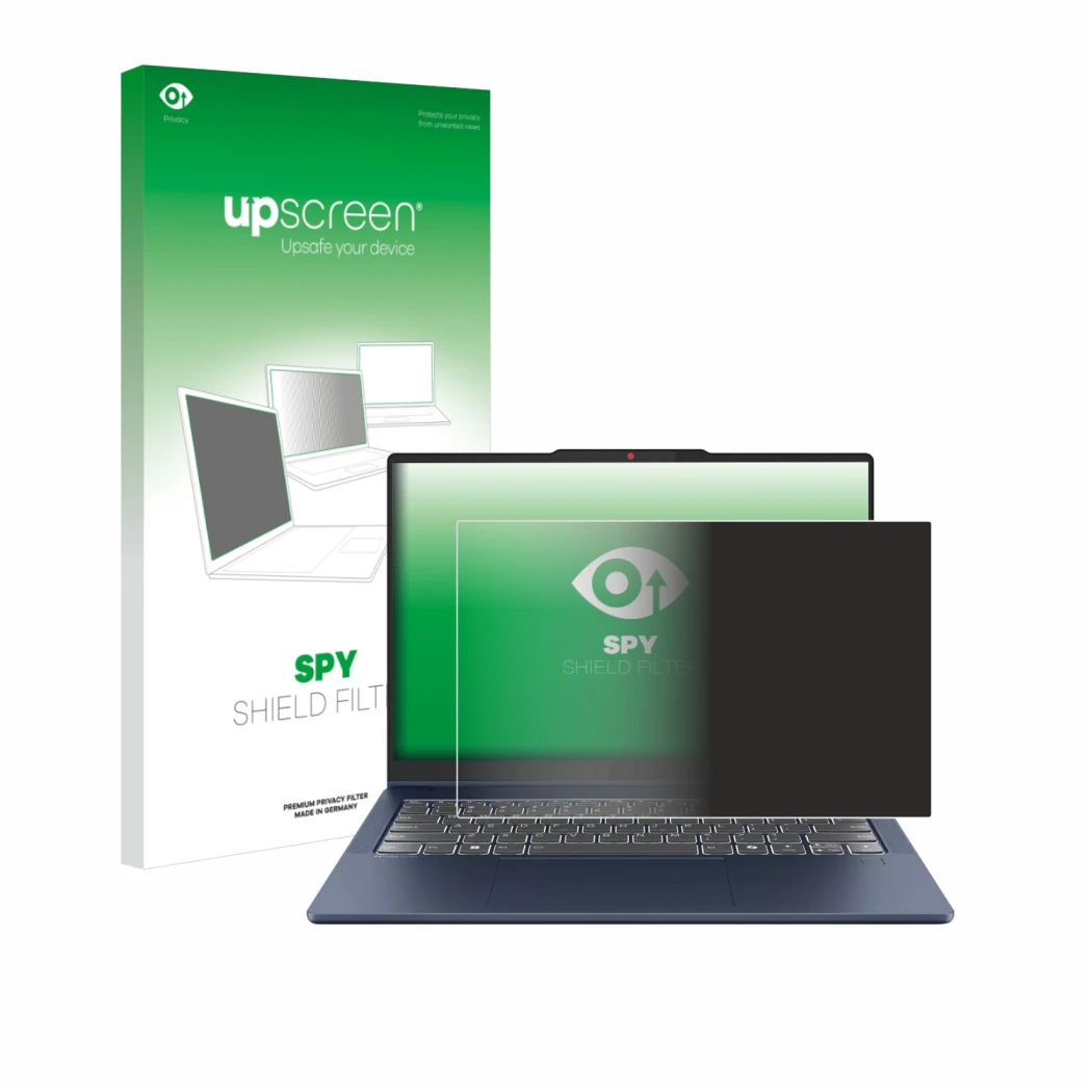 Parte frontal de un envase de producto con el logotipo de la marca upscreen. Al lado se muestra el dispositivo Lenovo IdeaPad