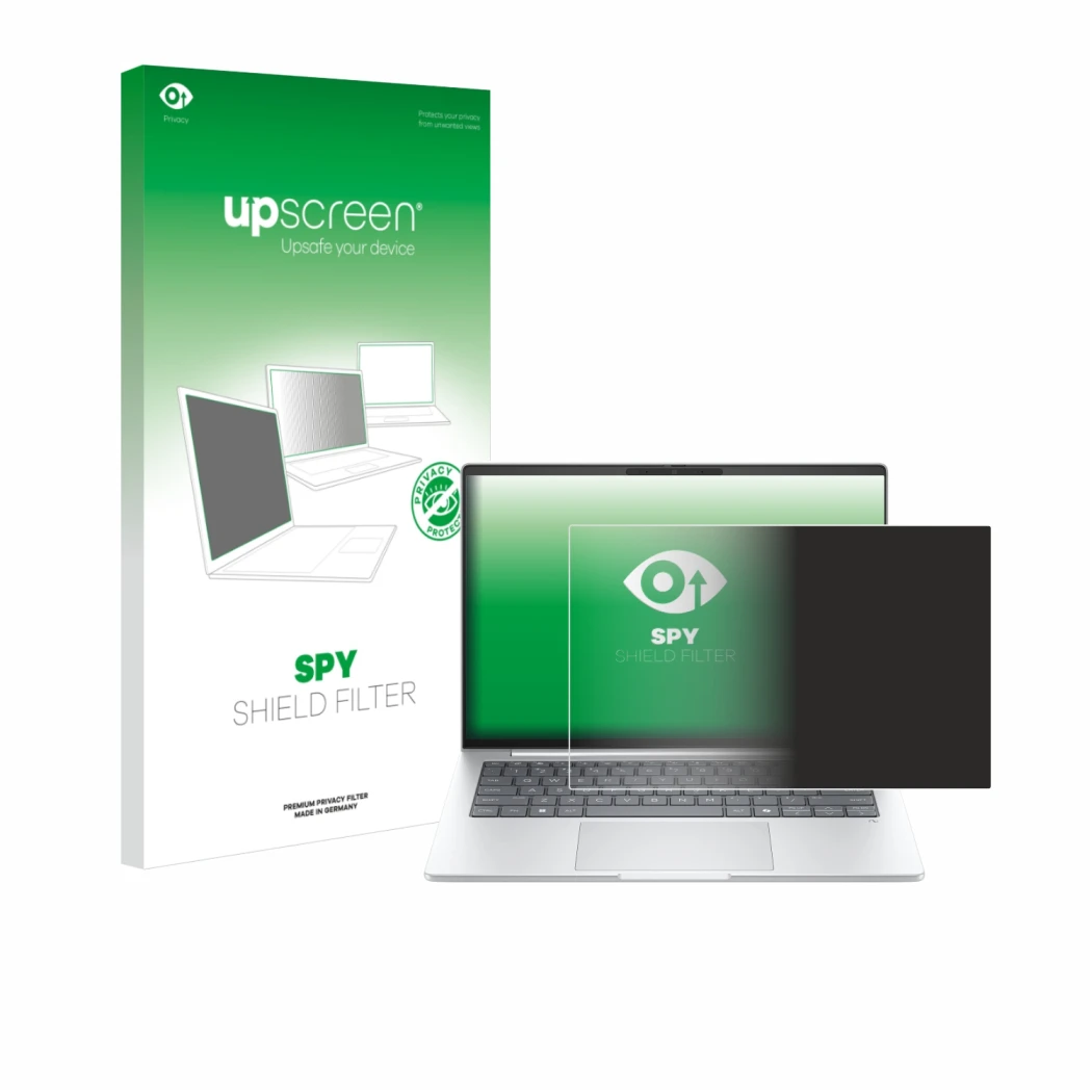 Parte frontal de un envase de producto con el logotipo de la marca upscreen. Al lado se muestra el dispositivo HP EliteBook 8