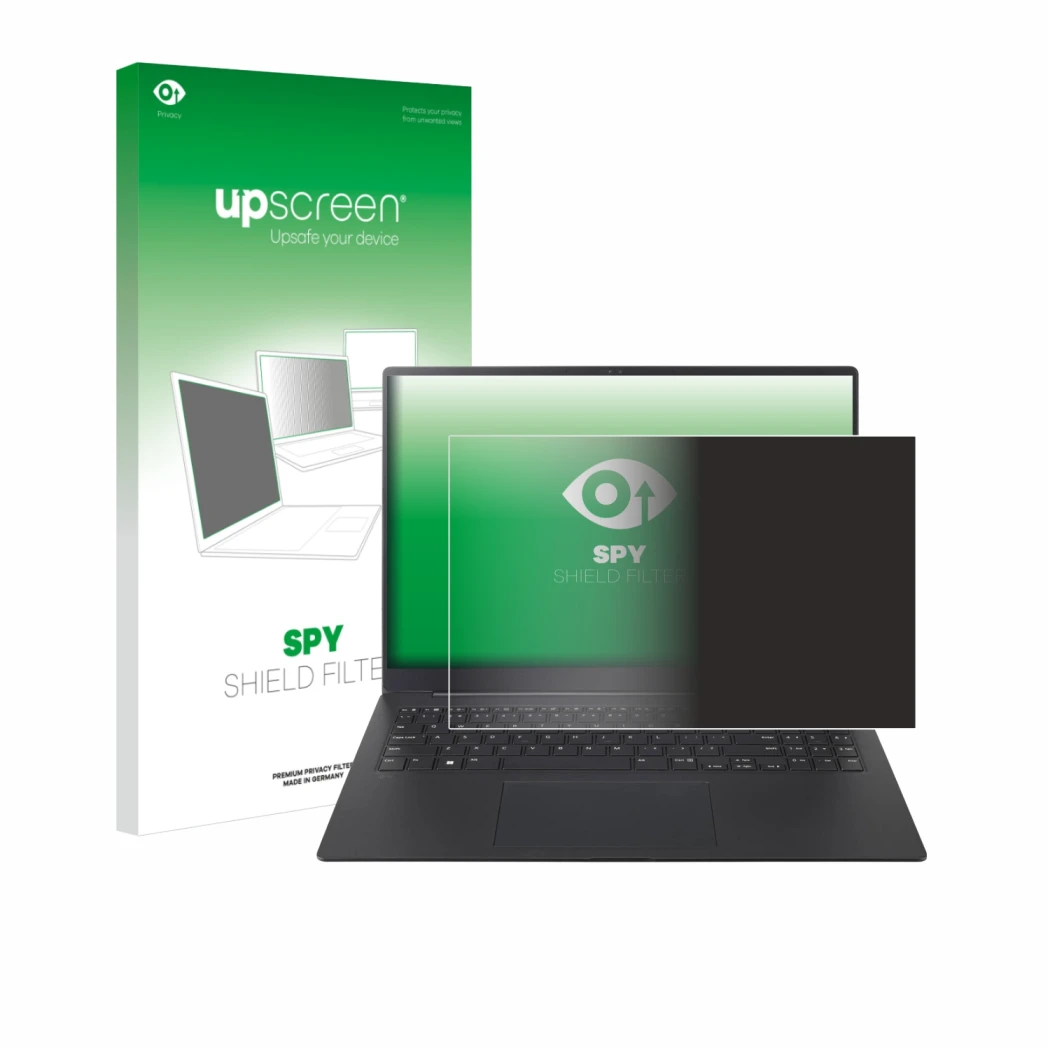 Parte frontal de un envase de producto con el logotipo de la marca upscreen. Al lado se muestra el dispositivo LG gram Pro 16