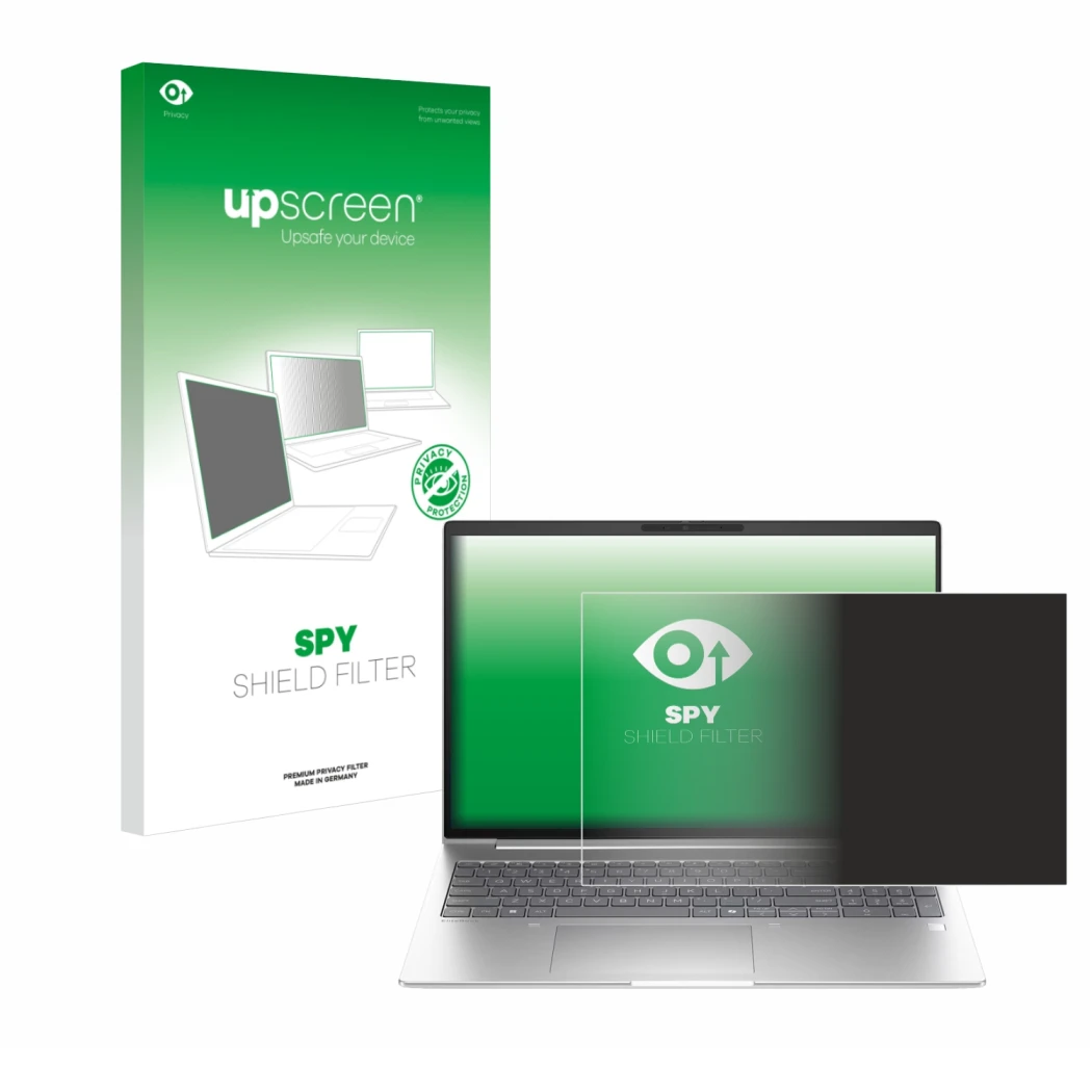 Parte frontal de un envase de producto con el logotipo de la marca upscreen. Al lado se muestra el dispositivo HP EliteBook 6 