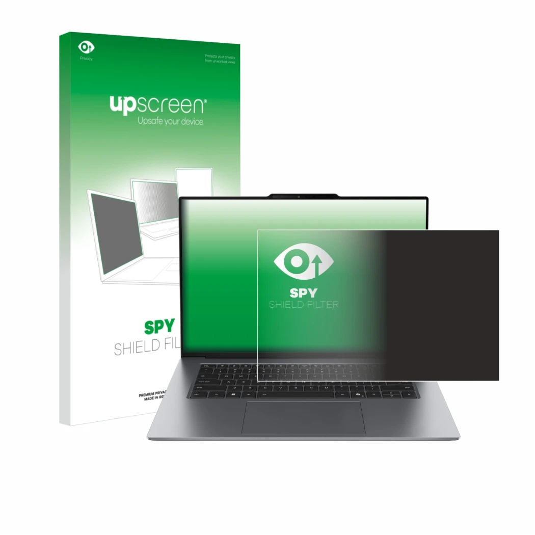 Parte frontal de un envase de producto con el logotipo de la marca upscreen. Al lado se muestra el dispositivo Lenovo ThinkPad