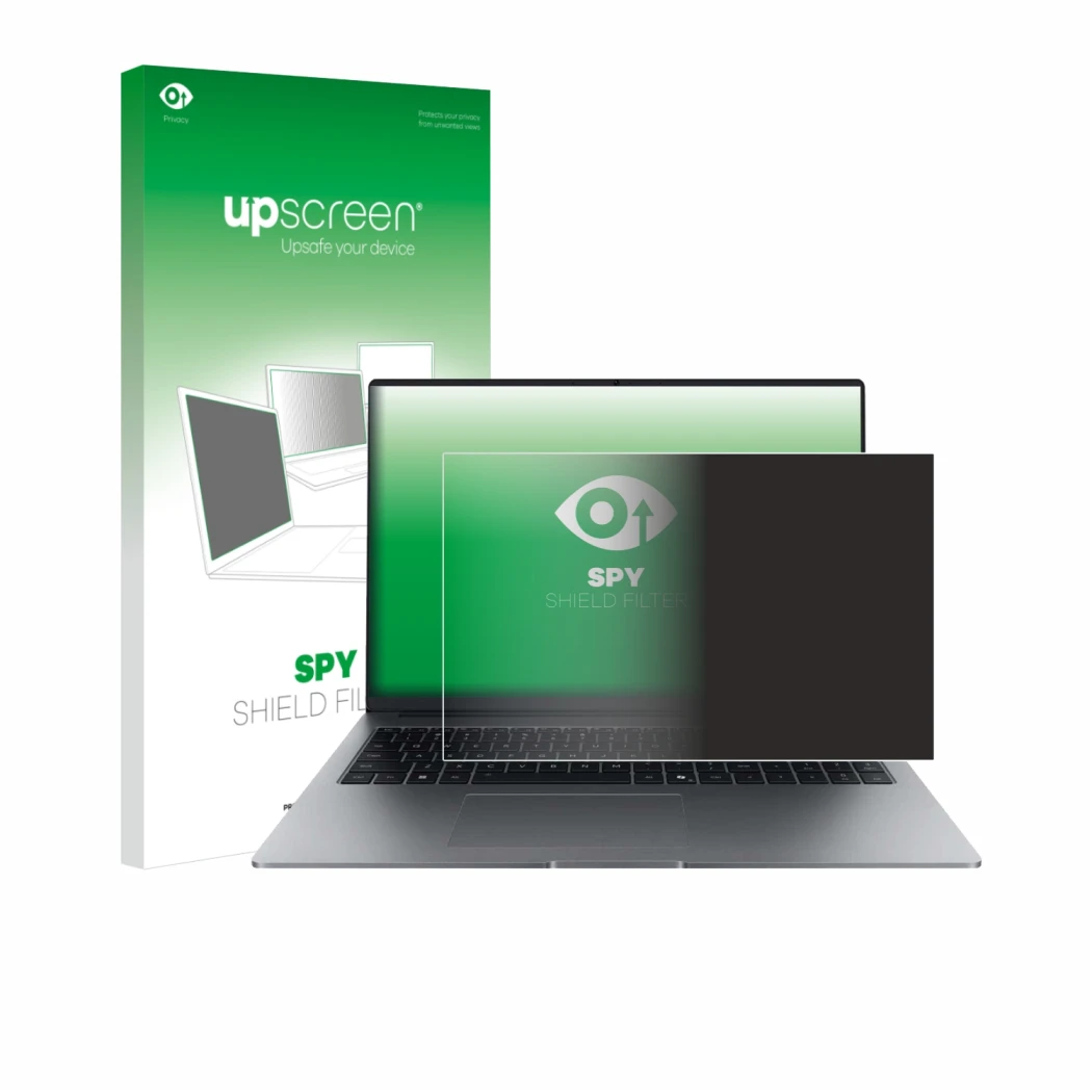 Parte frontal de un envase de producto con el logotipo de la marca upscreen. Al lado se muestra el dispositivo Honor MagicBook