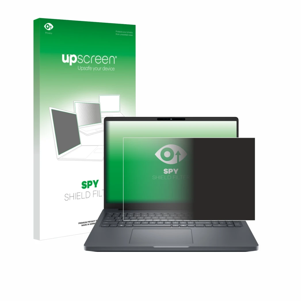 Parte frontal de un envase de producto con el logotipo de la marca upscreen. Al lado se muestra el dispositivo Dell Pro Max 16