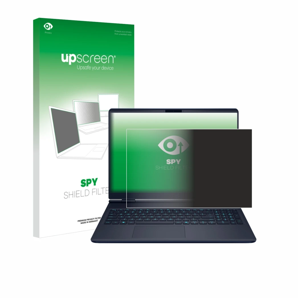 Parte frontal de un envase de producto con el logotipo de la marca upscreen. Al lado se muestra el dispositivo Dell Alienware 
