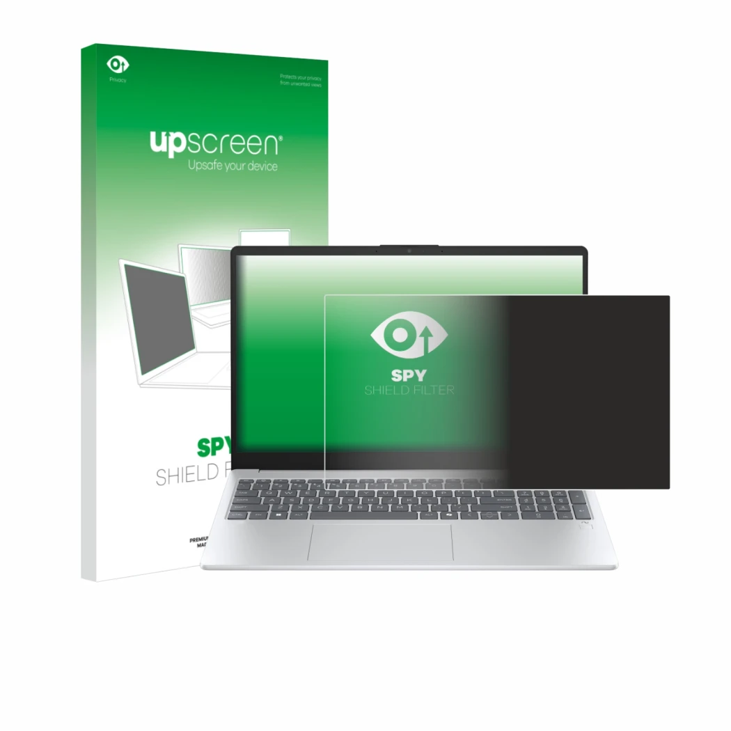 Parte frontal de un envase de producto con el logotipo de la marca upscreen. Al lado se muestra el dispositivo HP OmniBook 3 1