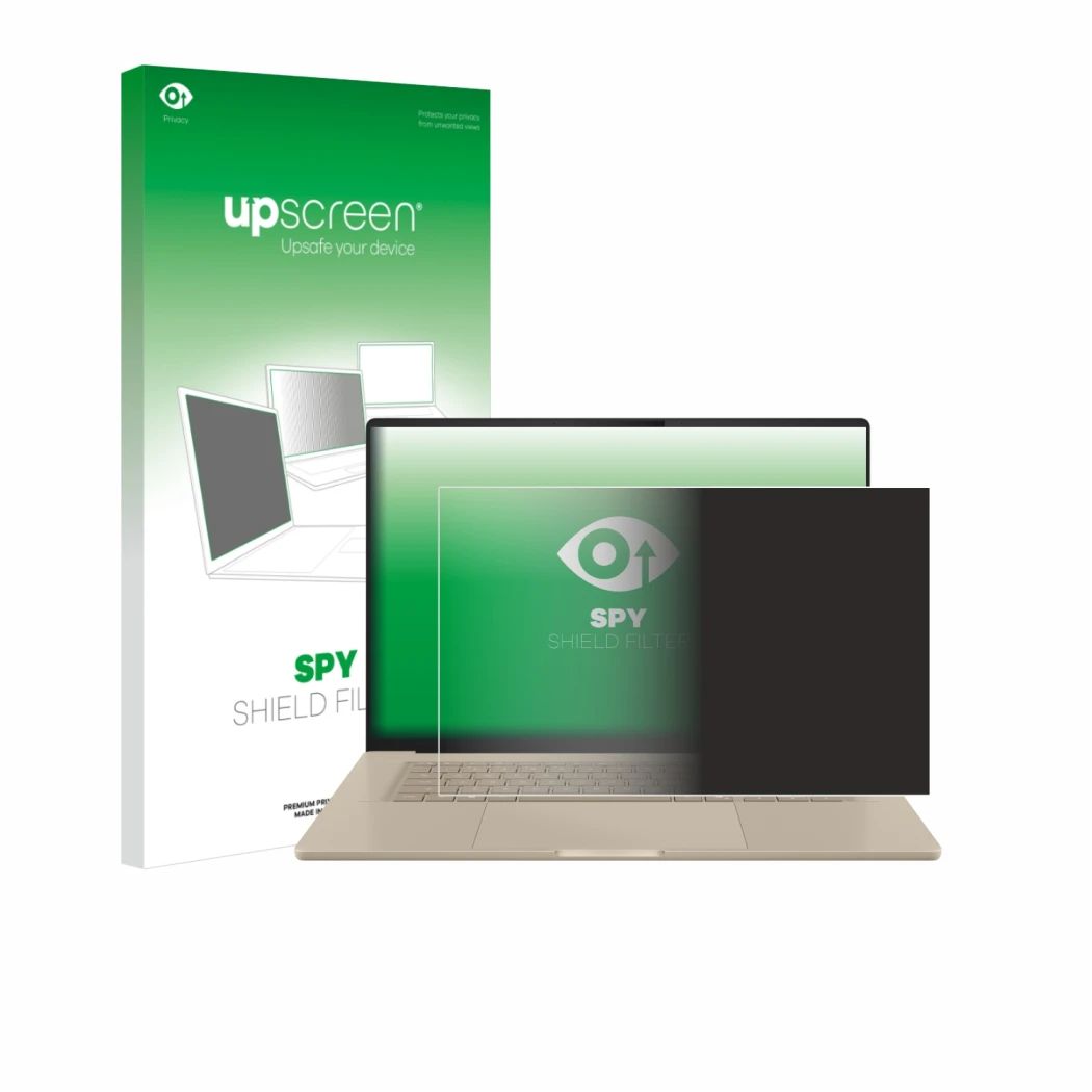 Parte frontal de un envase de producto con el logotipo de la marca upscreen. Al lado se muestra el dispositivo ASUS ZenBook A1