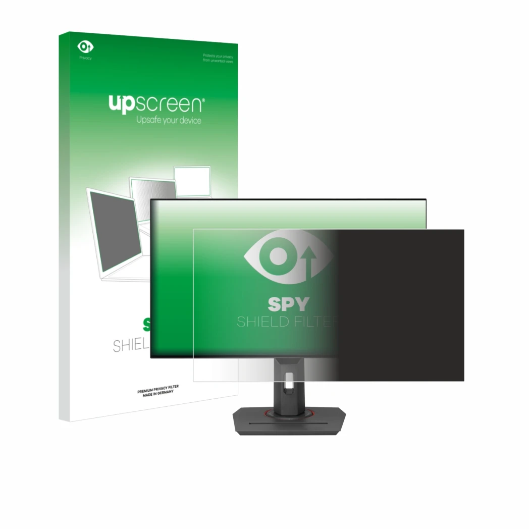 Parte frontal de un envase de producto con el logotipo de la marca upscreen. Al lado se muestra el dispositivo ASUS ROG Strix 