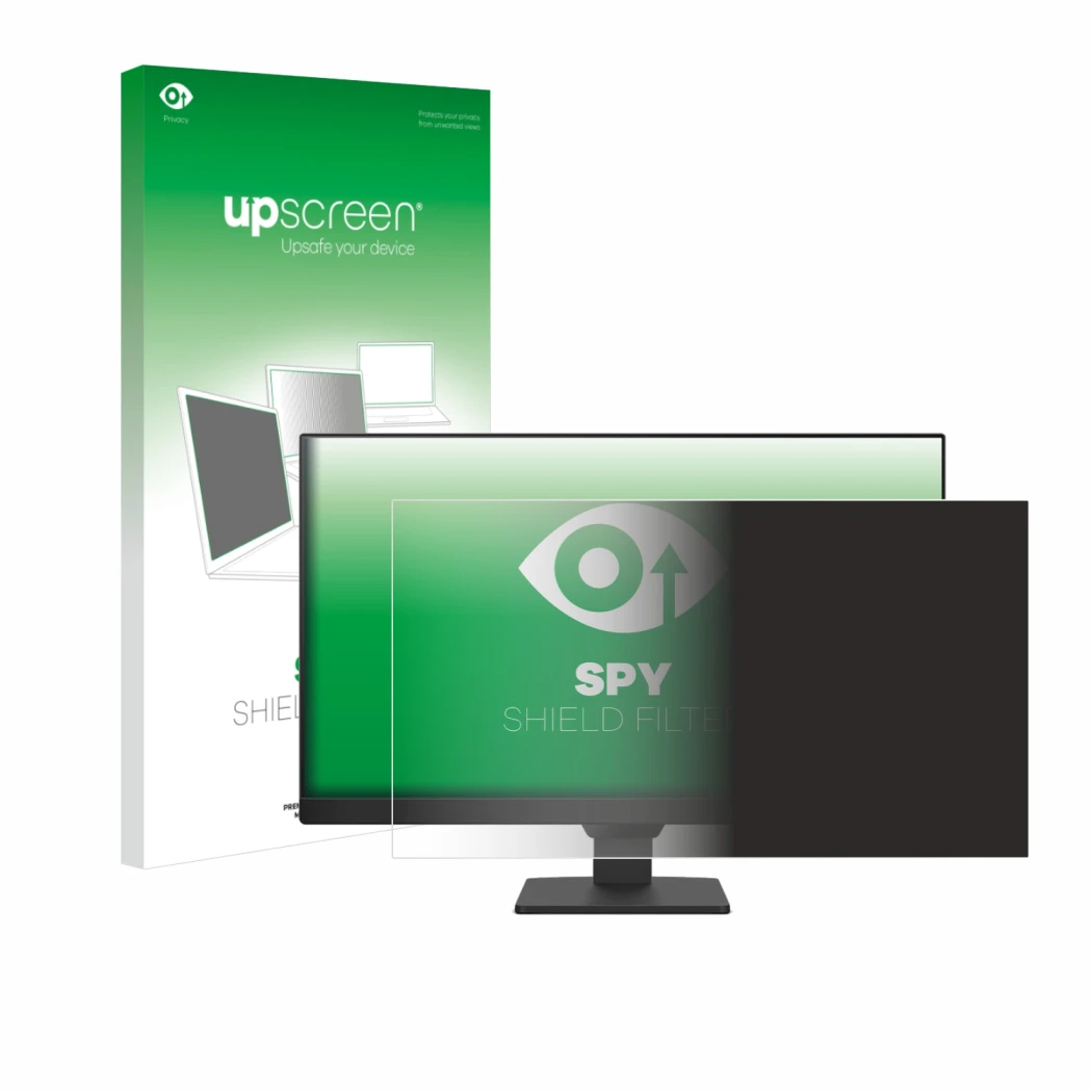Parte frontal de un envase de producto con el logotipo de la marca upscreen. Al lado se muestra el dispositivo BenQ GW2790E co