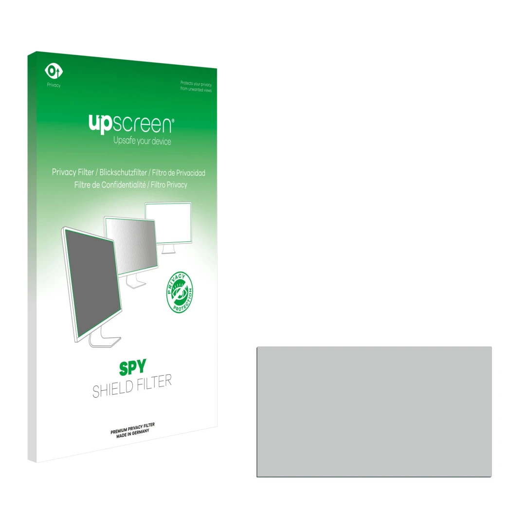 Parte frontal de un envase de producto con el logotipo de la marca upscreen. Al lado está el protector de pantalla correspondi