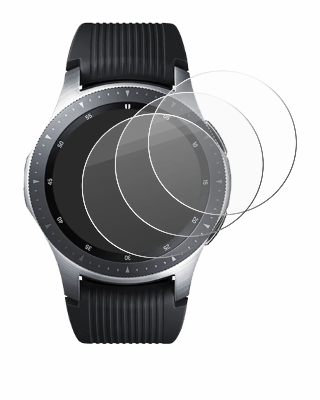 Imagen del dispositivo Samsung Galaxy Watch (46 mm) con una amplia variedad de protectores de pantalla.