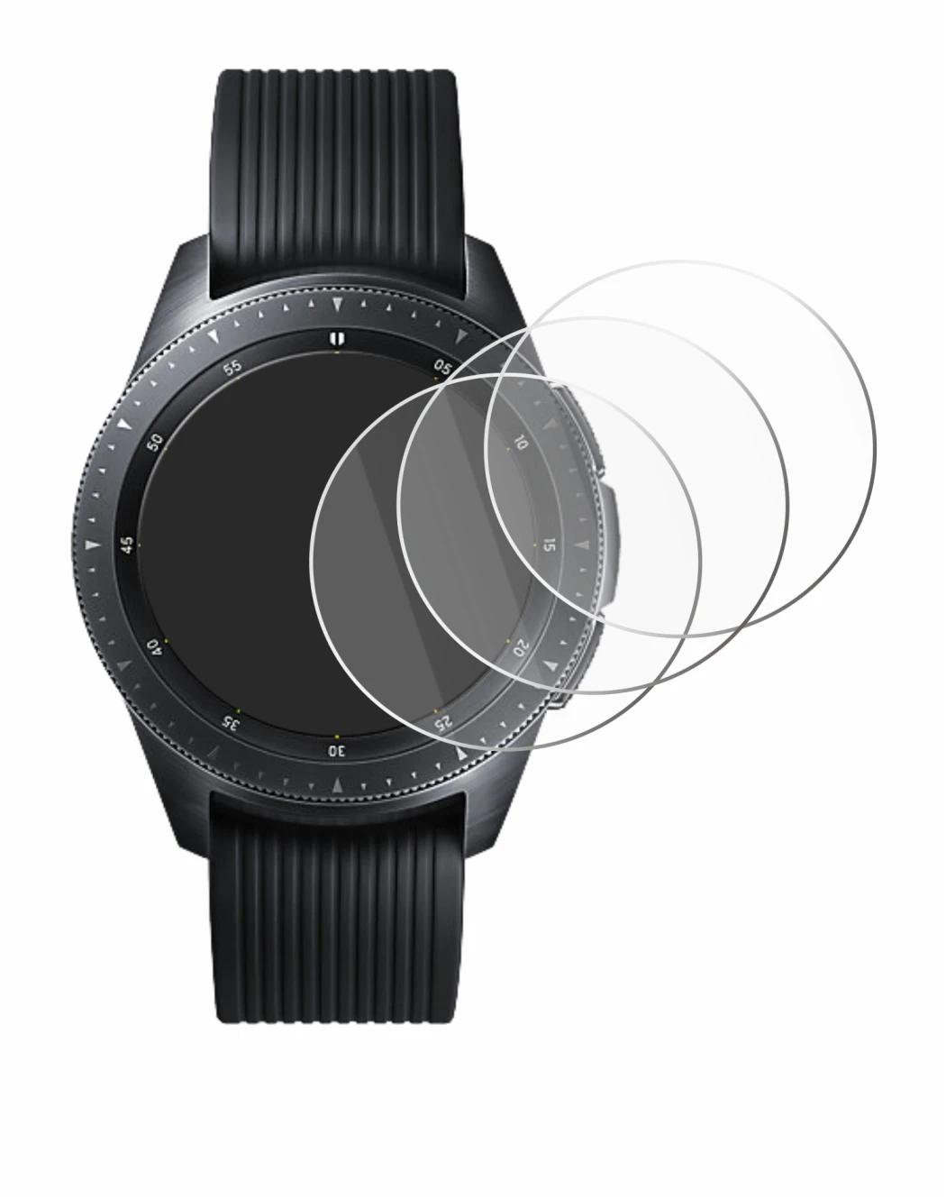 Imagen del dispositivo Samsung Galaxy Watch (42 mm) con una amplia variedad de protectores de pantalla.