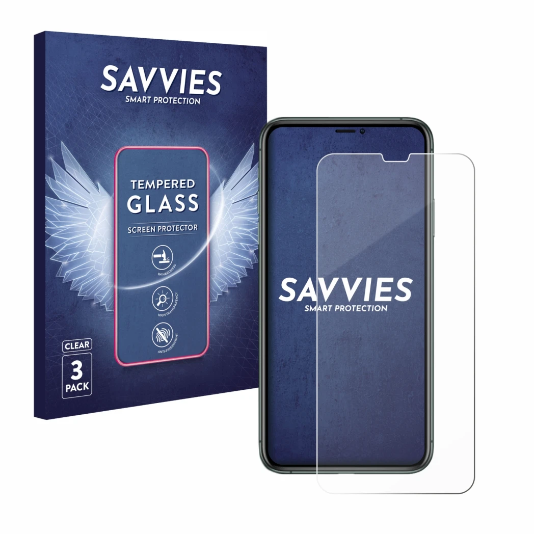 Parte frontal de un envase de producto con el logotipo de la marca Savvies. Al lado se muestra el dispositivo Apple iPhone 11 