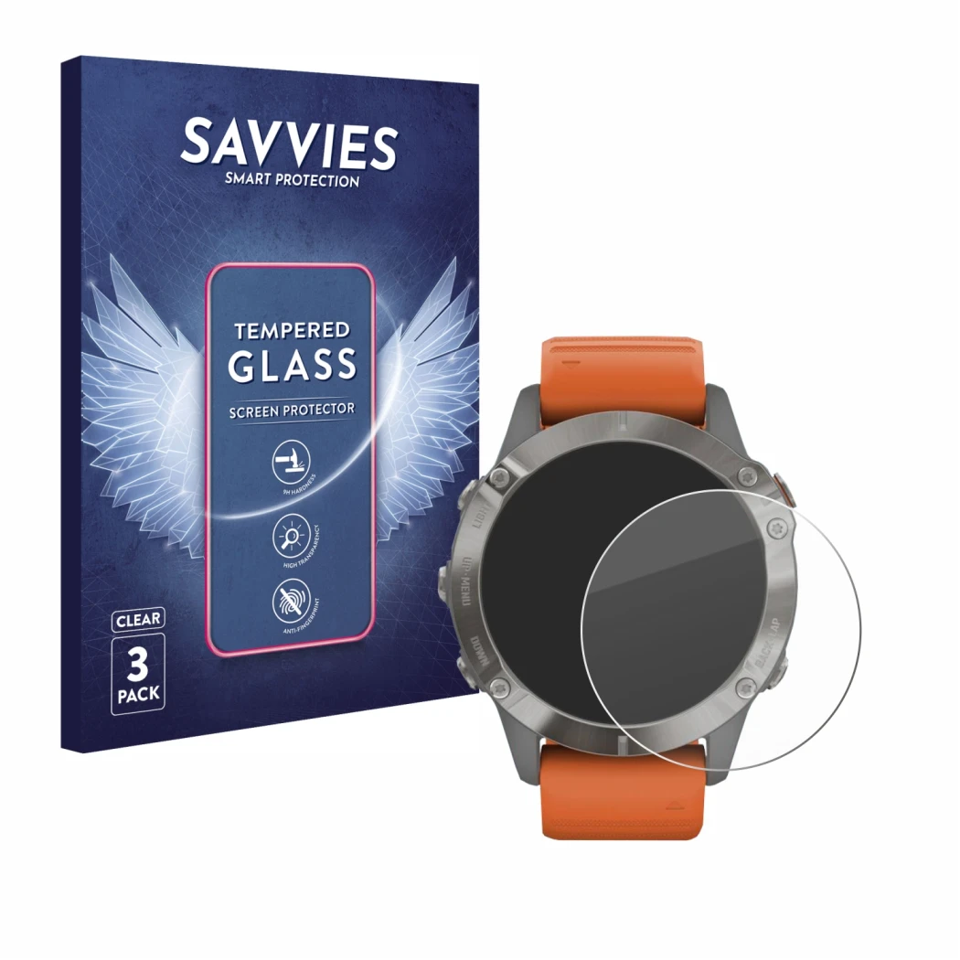 Parte frontal de un envase de producto con el logotipo de la marca Savvies. Al lado se muestra el dispositivo Garmin Fenix 6 P