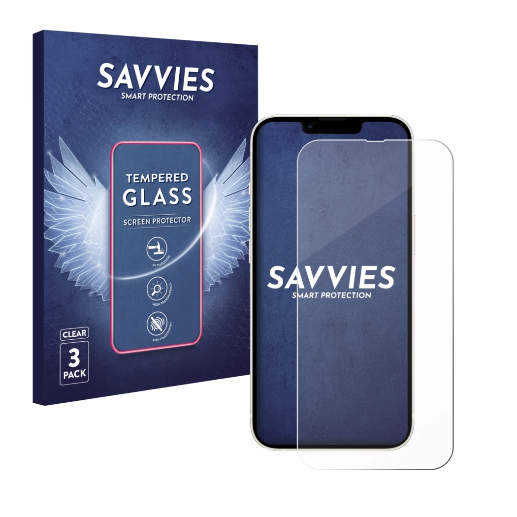 Parte frontal de un envase de producto con el logotipo de la marca Savvies. Al lado se muestra el dispositivo Apple iPhone 13 