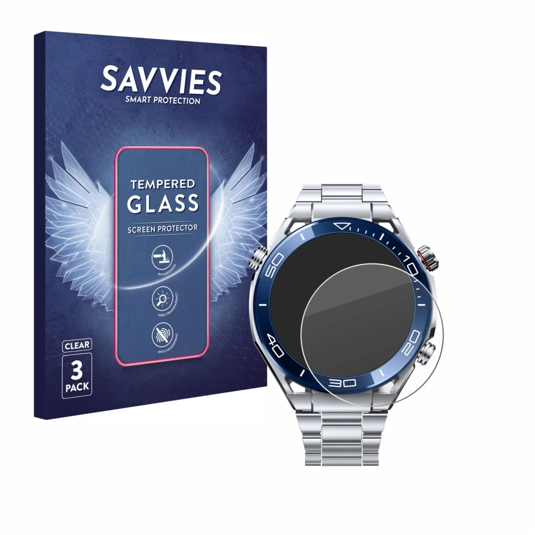 Parte frontal de un envase de producto con el logotipo de la marca Savvies. Al lado se muestra el dispositivo Huawei Watch Ult