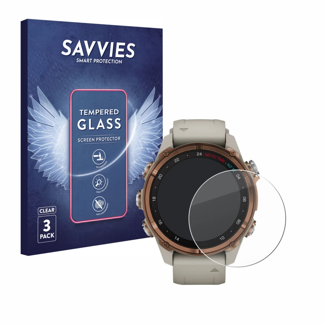 Parte frontal de un envase de producto con el logotipo de la marca Savvies. Al lado se muestra el dispositivo Garmin Descent M
