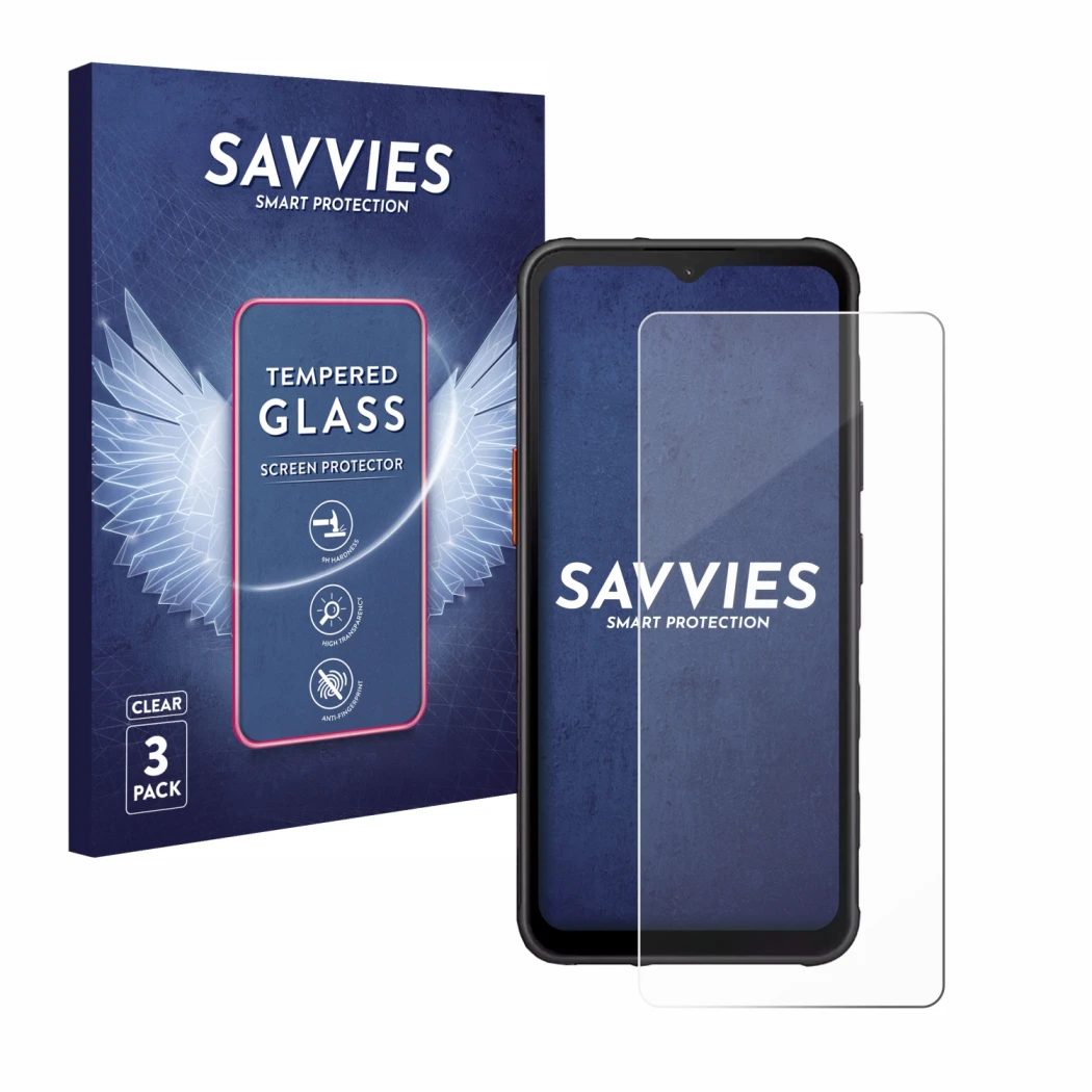 Parte frontal de un envase de producto con el logotipo de la marca Savvies. Al lado se muestra el dispositivo Samsung Galaxy X