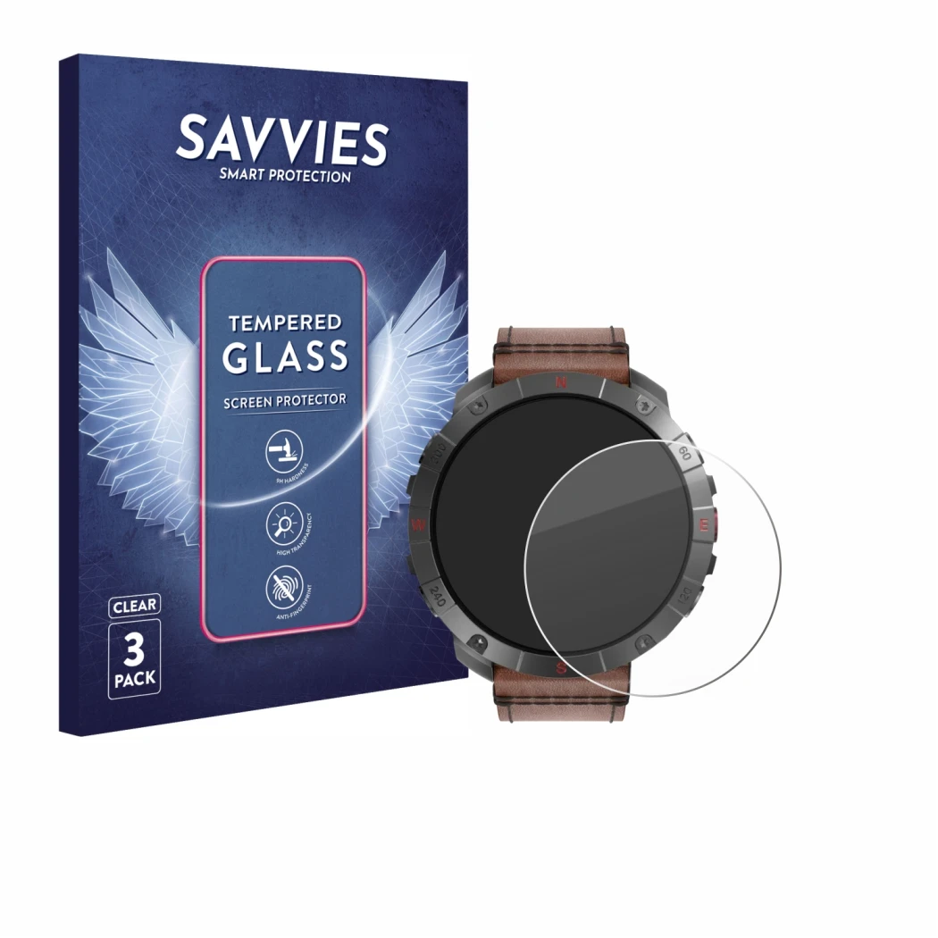 Parte frontal de un envase de producto con el logotipo de la marca Savvies. Al lado se muestra el dispositivo Polar Grit X2 Pr