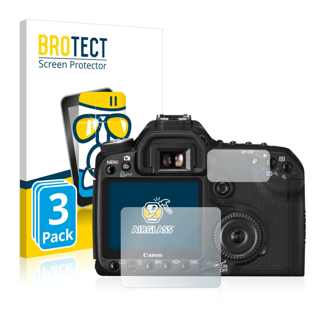 Parte frontal de un envase de producto con el logotipo de la marca BROTECT. Al lado se muestra el dispositivo Canon EOS 50D co