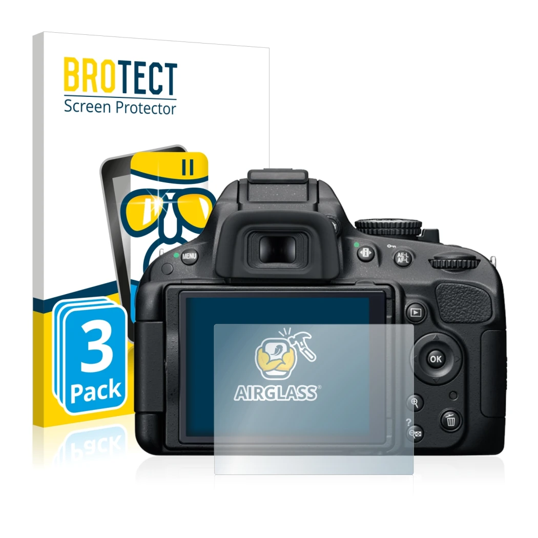 Parte frontal de un envase de producto con el logotipo de la marca BROTECT. Al lado se muestra el dispositivo Nikon D5100 con 