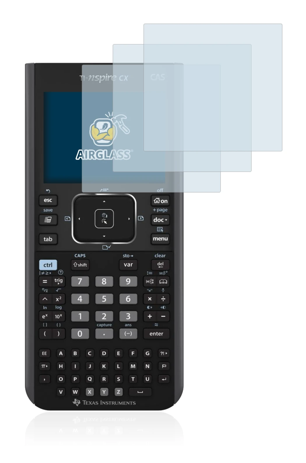 Imagen del dispositivo Texas Instruments Nspire CX CAS con una amplia variedad de protectores de pantalla.