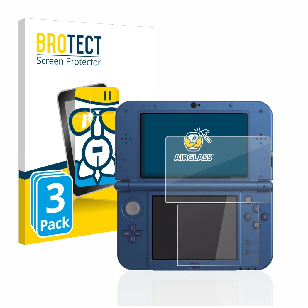 Parte frontal de un envase de producto con el logotipo de la marca BROTECT. Al lado se muestra el dispositivo Nintendo New 3DS
