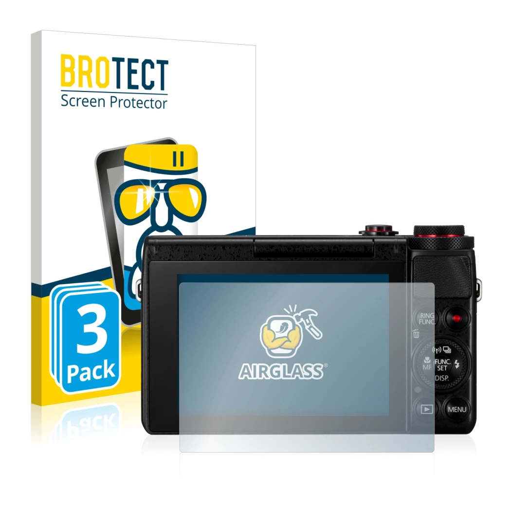 Parte frontal de un envase de producto con el logotipo de la marca BROTECT. Al lado se muestra el dispositivo Canon PowerShot 