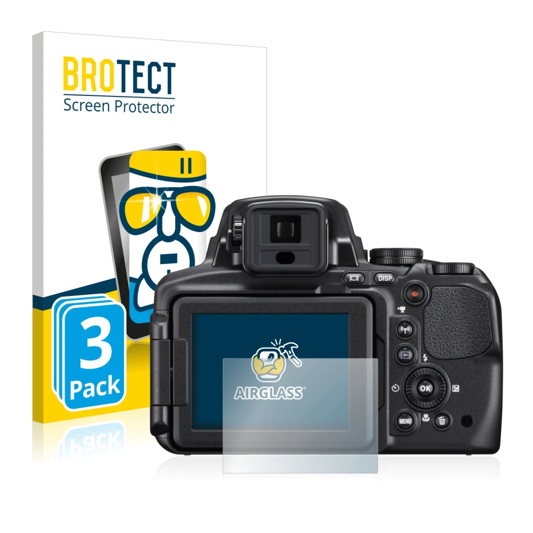Parte frontal de un envase de producto con el logotipo de la marca BROTECT. Al lado se muestra el dispositivo Nikon Coolpix P9