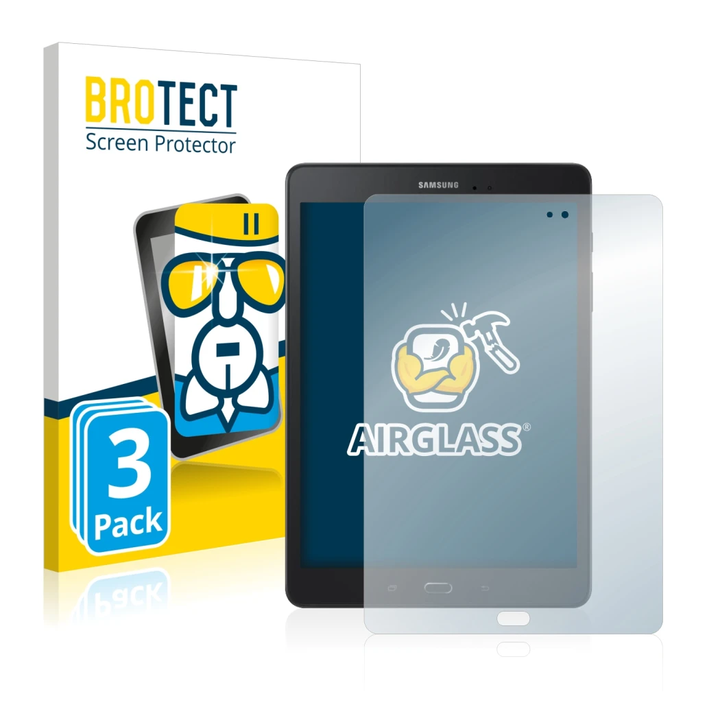Parte frontal de un envase de producto con el logotipo de la marca BROTECT. Al lado se muestra el dispositivo Samsung Galaxy T