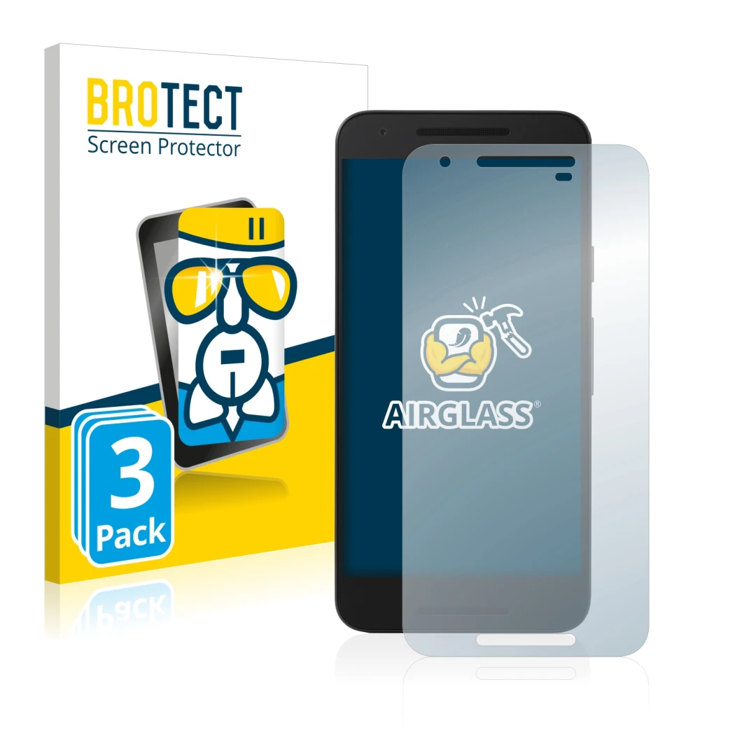 Parte frontal de un envase de producto con el logotipo de la marca BROTECT. Al lado se muestra el dispositivo Google Nexus 5X 