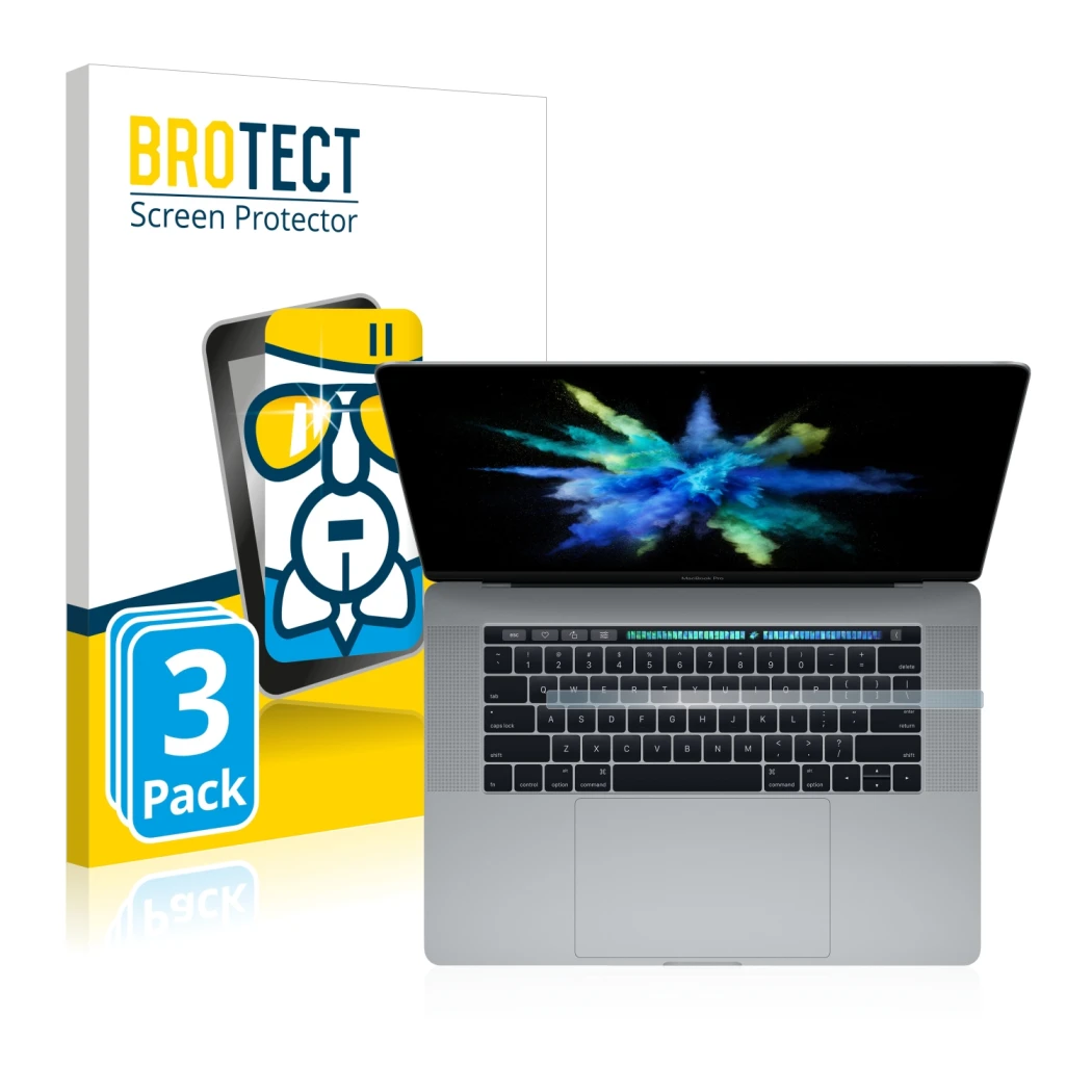 Parte frontal de un envase de producto con el logotipo de la marca BROTECT. Al lado se muestra el dispositivo Apple MacBook Pr