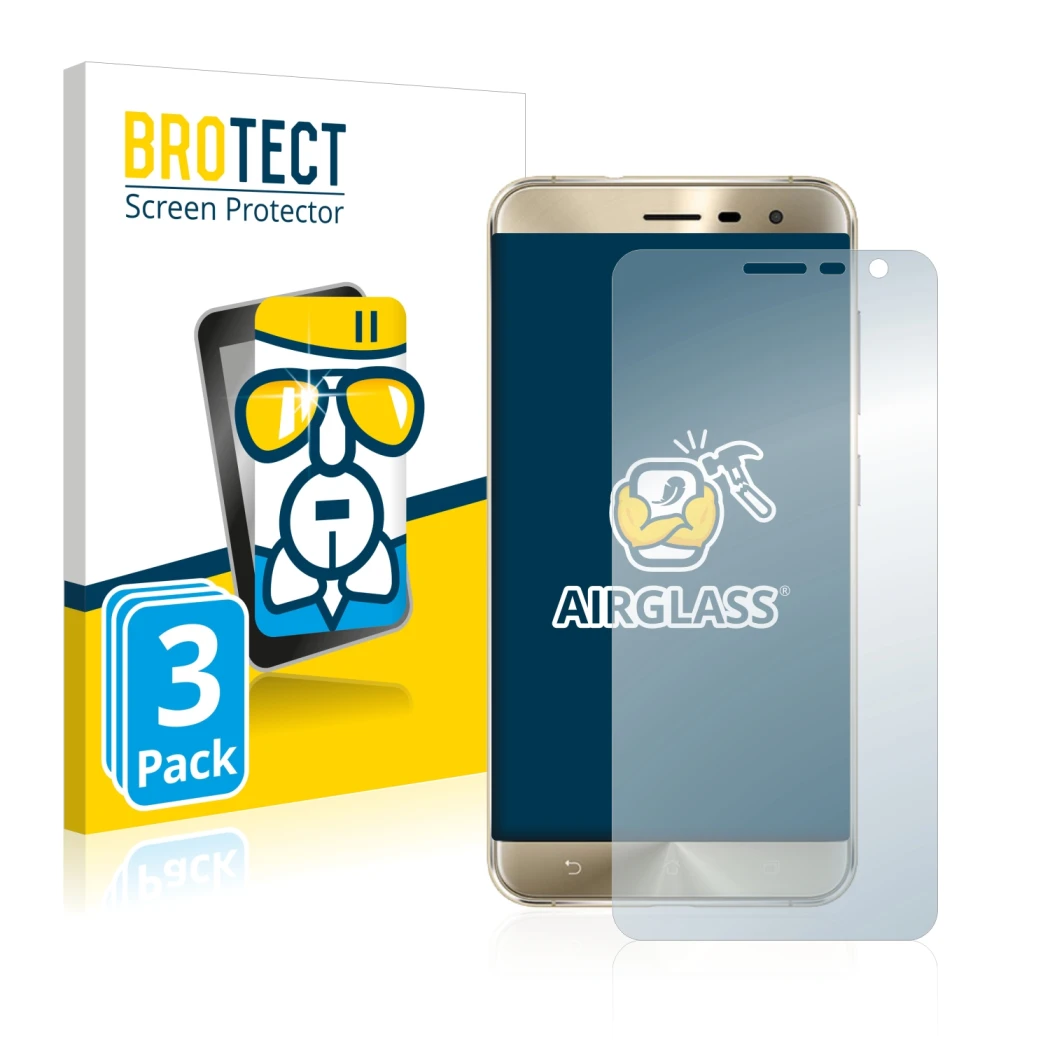 Parte frontal de un envase de producto con el logotipo de la marca BROTECT. Al lado se muestra el dispositivo ASUS ZenFone 3 Z