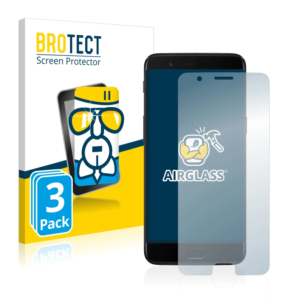 Parte frontal de un envase de producto con el logotipo de la marca BROTECT. Al lado se muestra el dispositivo OnePlus 5 con su