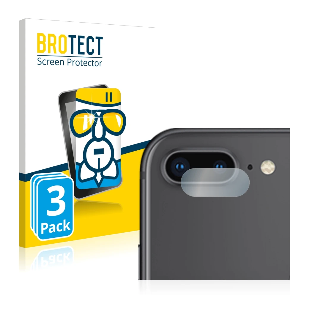 Parte frontal de un envase de producto con el logotipo de la marca BROTECT. Al lado se muestra el dispositivo Apple iPhone 8 P