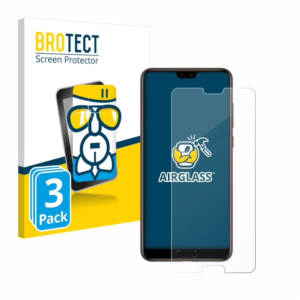 Parte frontal de un envase de producto con el logotipo de la marca BROTECT. Al lado se muestra el dispositivo Huawei P20 con s