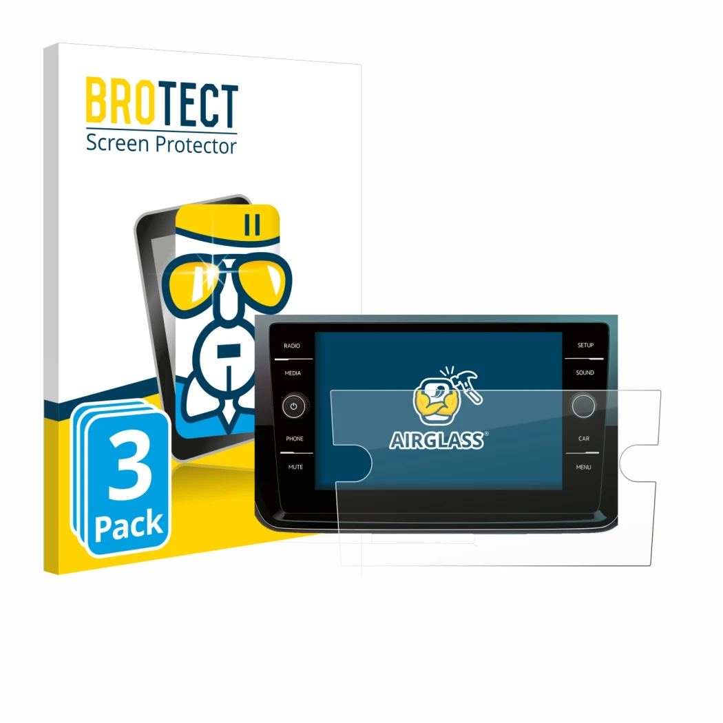 Parte frontal de un envase de producto con el logotipo de la marca BROTECT. Al lado se muestra el dispositivo Volkswagen Polo