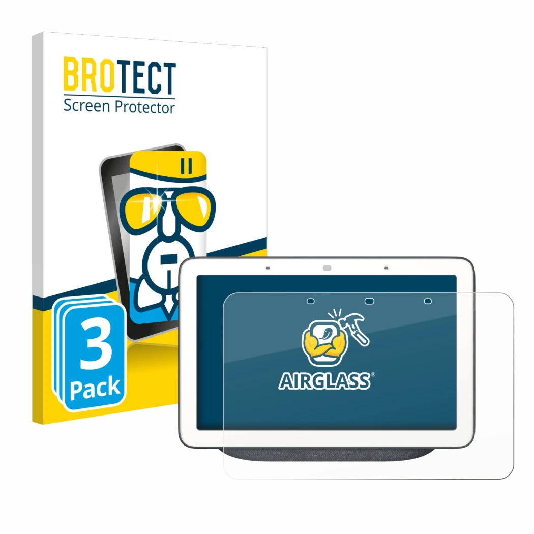 Parte frontal de un envase de producto con el logotipo de la marca BROTECT. Al lado se muestra el dispositivo Google Home Hub 