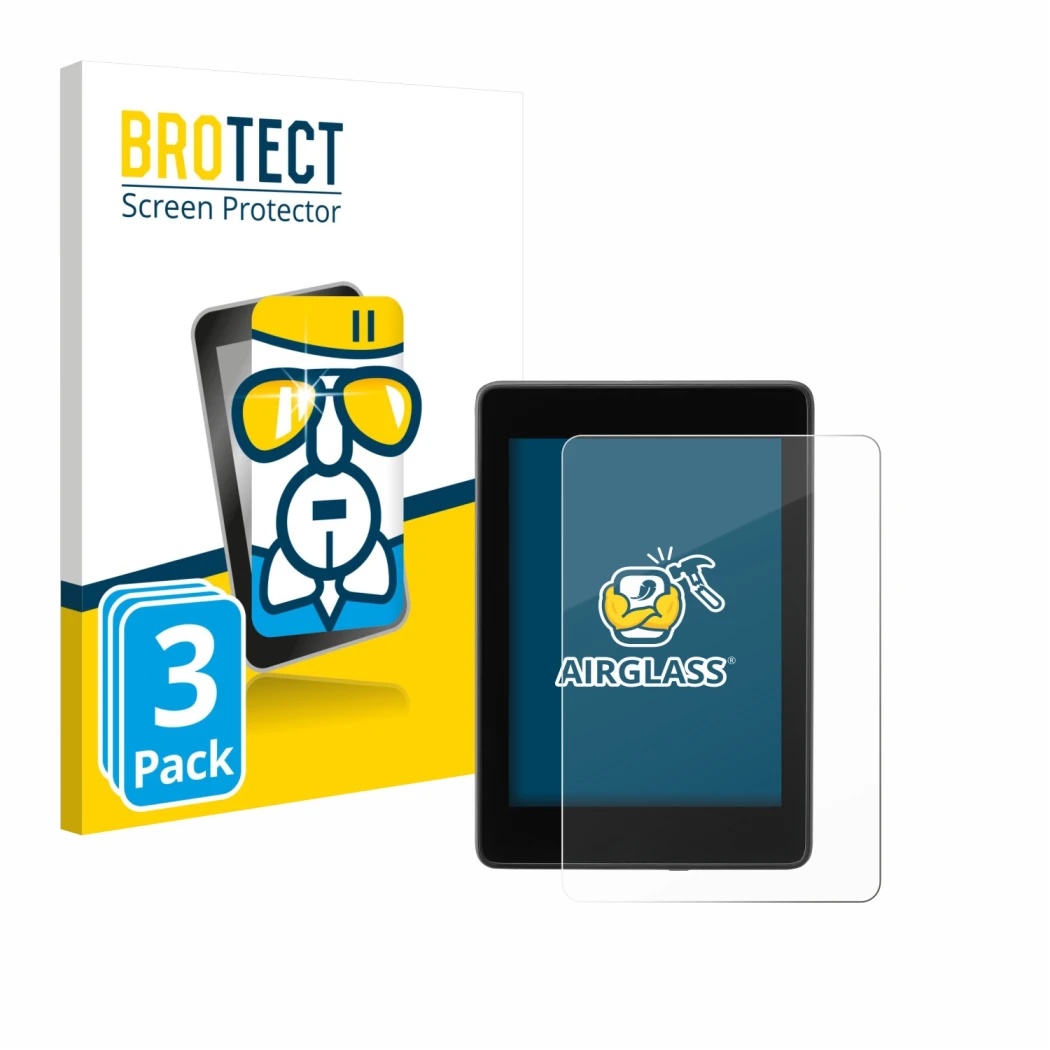 Parte frontal de un envase de producto con el logotipo de la marca BROTECT. Al lado se muestra el dispositivo Amazon Kindle Pa