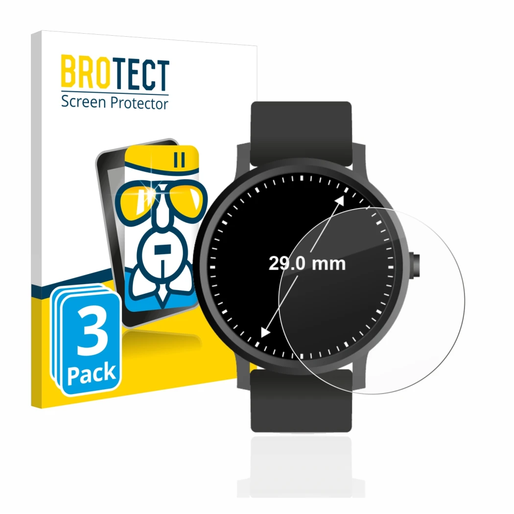 Parte frontal de un envase de producto con el logotipo de la marca BROTECT. Al lado se muestra el dispositivo Circular Display