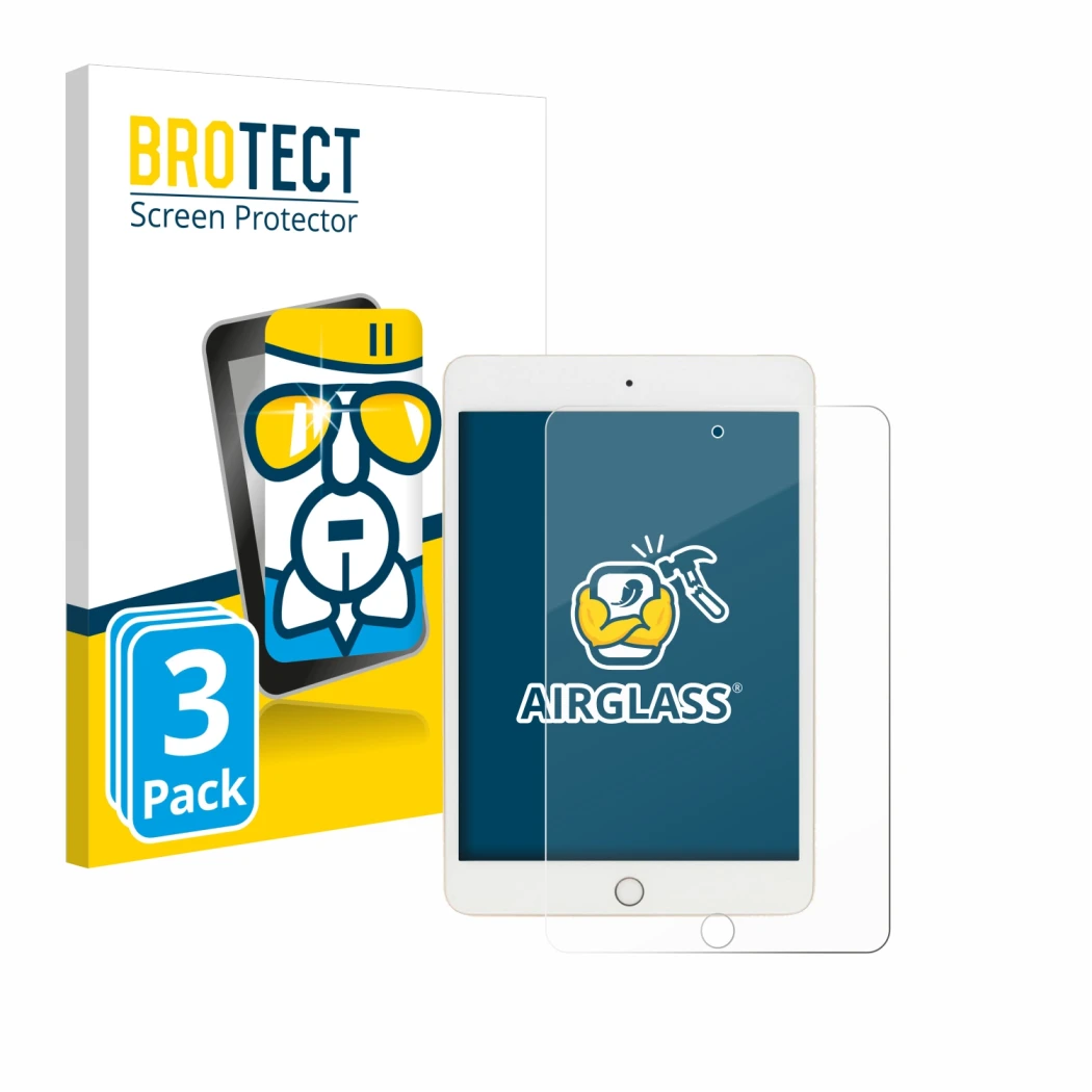 Parte frontal de un envase de producto con el logotipo de la marca BROTECT. Al lado se muestra el dispositivo Apple iPad Mini 