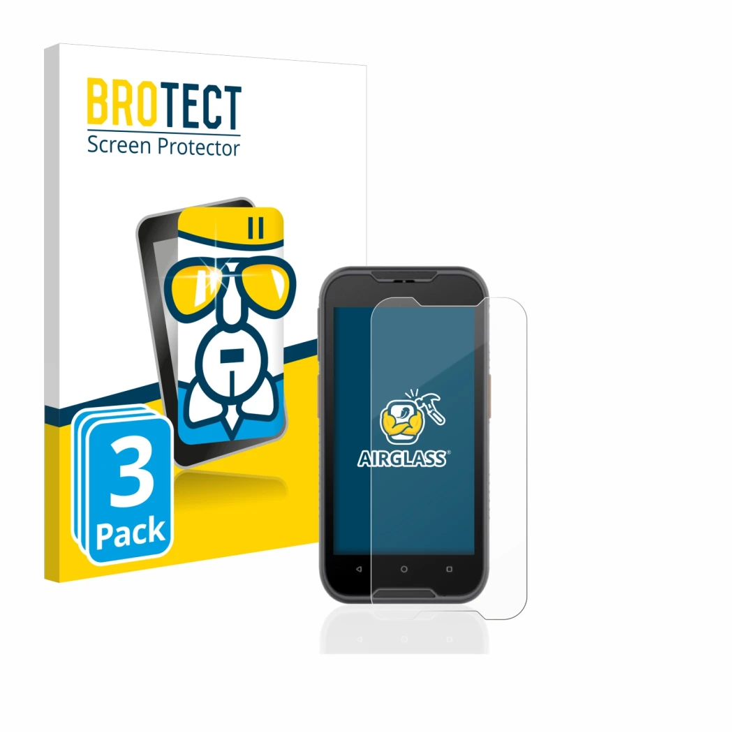 Parte frontal de un envase de producto con el logotipo de la marca BROTECT. Al lado se muestra el dispositivo Datalogic Memor 