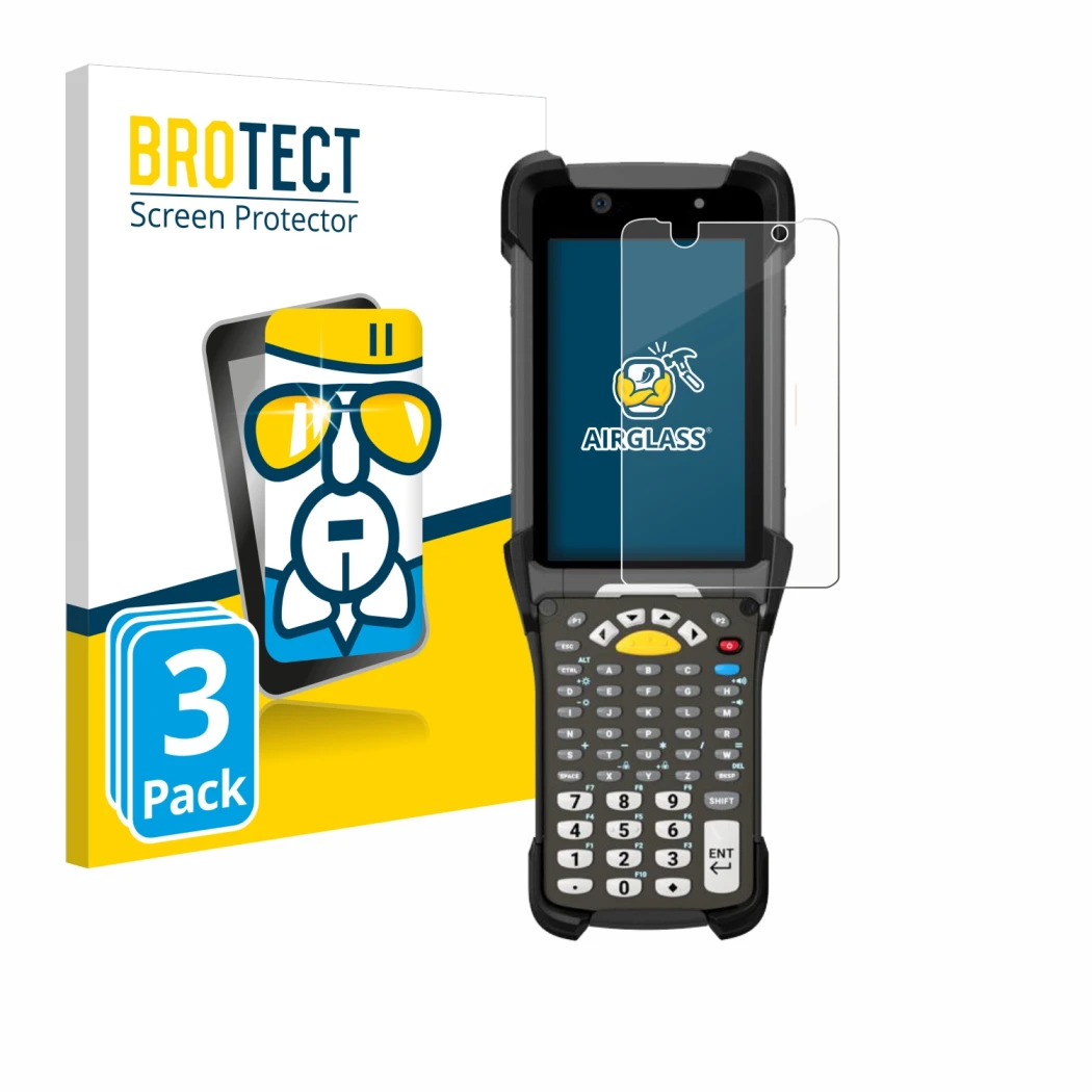 Parte frontal de un envase de producto con el logotipo de la marca BROTECT. Al lado se muestra el dispositivo Zebra MC9300 con