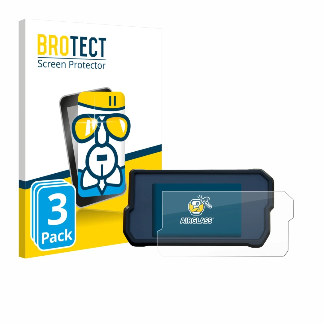 Parte frontal de un envase de producto con el logotipo de la marca BROTECT. Al lado se muestra el dispositivo KTM 790 Adventur