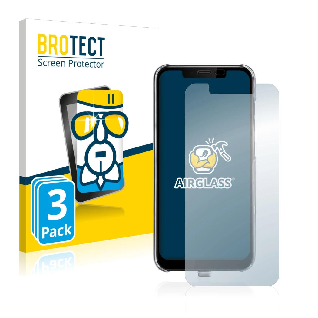 Parte frontal de un envase de producto con el logotipo de la marca BROTECT. Al lado se muestra el dispositivo Gigaset GS195LS